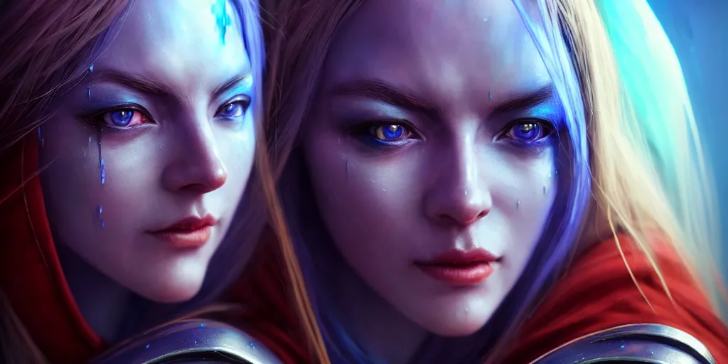 Image similar to ( ( ( ( ( hyperrealist distant portrait of sylvanas windrunner on a blue planet where it rains colors. ) ) ) ) ) by bayard wu, fantasy, photorealistic, octane render, unreal engine, dynamic lighting, trending on artstation, poster, volumetric lighting, very detailed faces, 4 k, award winning