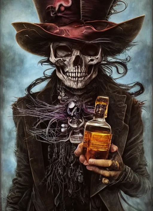 Image similar to Mad hatter, bottle of whisky, guitar,death tarot card,highly detailed,half skull face,cinematic,8k,by Stanley Artgermm,Tom Bagshaw,Greg Rutkowski,Carne Griffiths, Ayami Kojima, Beksinski, Giger,trending on DeviantArt,hyper detailed,horror, full of colour