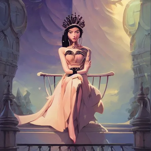 Image similar to stylized minimalist a beautiful black haired woman with pale skin and a crown on her head sitted on an intricate metal throne, loftis, cory behance hd by jesper ejsing, by rhads, makoto shinkai and lois van baarle, ilya kuvshinov, rossdraws global illumination,