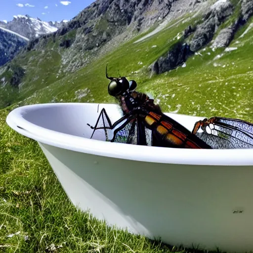 Image similar to dragonfly in a bathtub in the alps, goat!!!!! in background