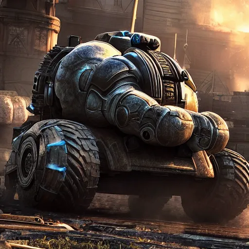 Prompt: a 'Blastoise Tank' in 'Gears of War', splash art, movie still, cinematic lighting, detailed face, dramatic, octane render, long lens, shallow depth of field, bokeh, anamorphic lens flare, 8k, hyper detailed, 35mm film grain