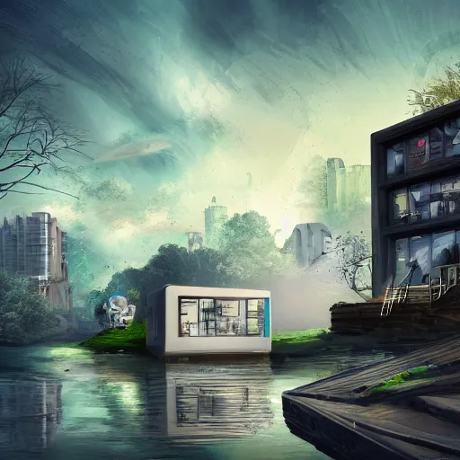 Image similar to cuboid sci-fi building next to a river and houses, sense of hope, daytime, digital art, art station, extremely detailed