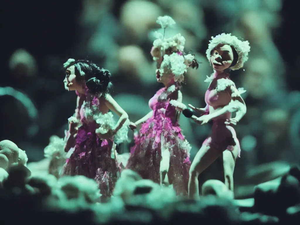 Image similar to a cinematic film still of a claymation stop motion film, bjork in concert, shallow depth of field, 8 0 mm, f 1. 8