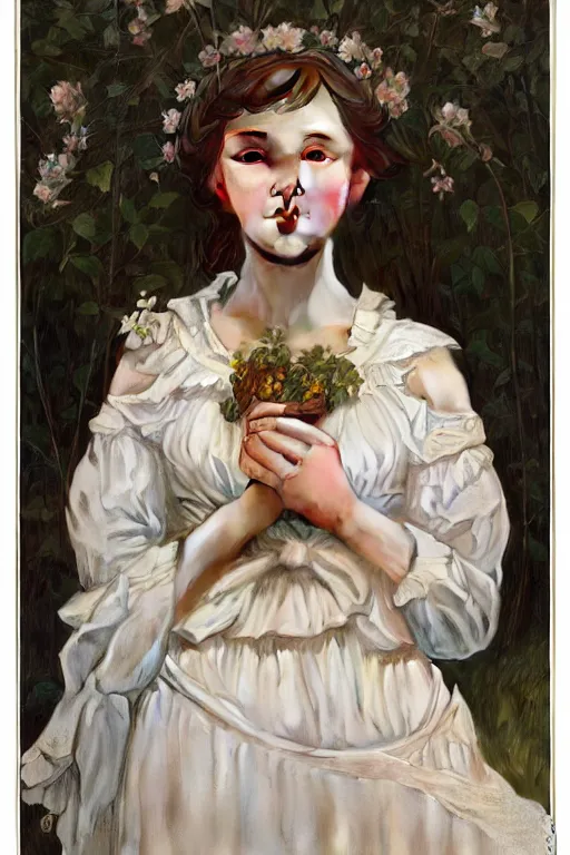 Image similar to beautiful cottagecore young peasant maiden, innocent, intricate, elegant, highly detailed, digital painting, artstation, concept art, smooth, sharp focus, illustration, art by artgerm and greg rutkowski and alphonse mucha