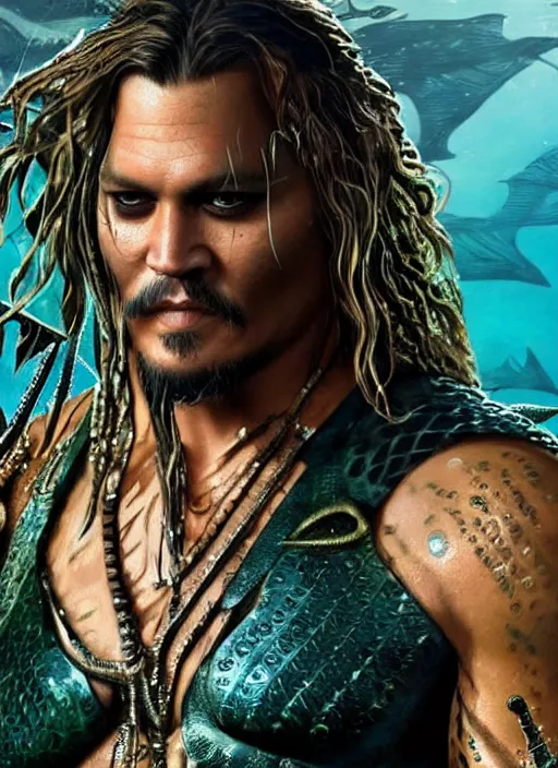 Image similar to johnny depp as aquaman, naturel, hyper detailed, digital art, trending in artstation, cinematic lighting, studio quality, smooth render, unreal engine 5 rendered, octane rendered, art style by klimt and nixeu and ian sprigger and wlop and krenz cushart