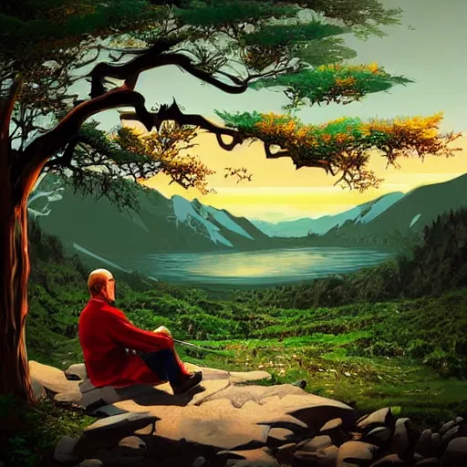 Prompt: featured on artstation walter white sitting under a cherry tree overlooking valley waterfall sunset beautiful image stylized digital art