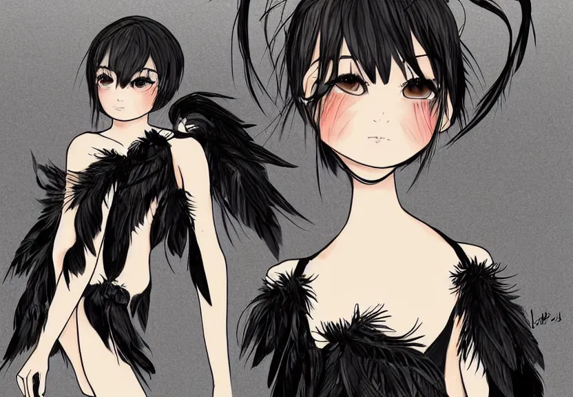 Image similar to little girl with a short black haircut wearing a dress made of black feathers, artwork in genshi impact art style, anatomically perfect