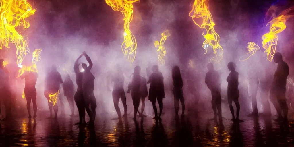 Image similar to love, groups of people with glowing bodies, from behind, rebirth, beauty, wide angle, elaborate, wet, highly detailed, smoke, steam, reflections, vivid colors, beautiful lighting