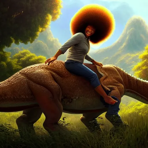 Image similar to bob ross!!! riding!!! a dinosaur!!, giant afro!, model pose, ultra realistic, concept art, intricate details, highly detailed, photorealistic, octane render, 8 k, unreal engine. art by artgerm and greg rutkowski and alphonse mucha