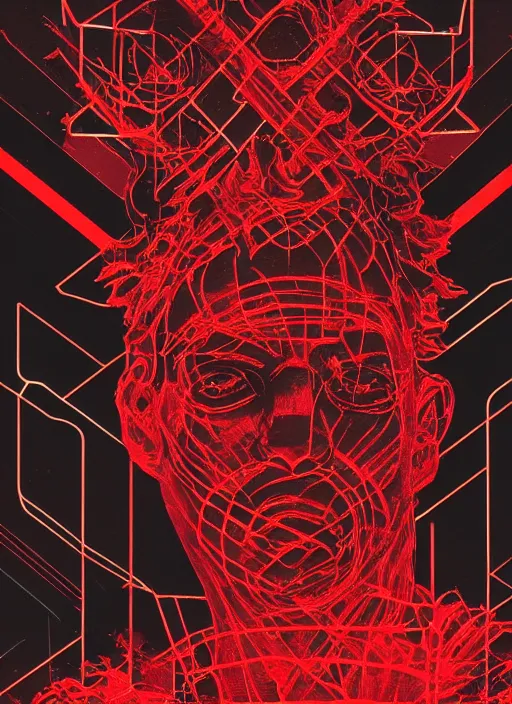 Image similar to dark design poster showing a close up of a heroic greco roman statue, black background with very subtle red and purple design elements, powerful, nekro, vito acconci, thin straight lines, dark, glitch art, neo vaporwave, gritty, layout frame, square, trending on artstation