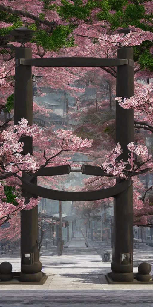 Image similar to 3 d photographic render of melting japanese torii gate and sakura flowers sculpture made of chrome, chrometype, made of liquid metal, neotribal with thorns and thunders, cyberpunk, raytracing, fov, hyper realistic, volumetric lightning, 8 k, by zhelong xu and ouchh studio