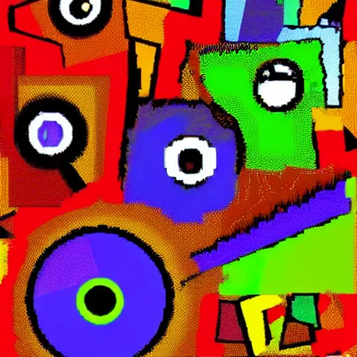 Prompt: characterized by bright garish, high chroma color, heavily pixelated, like bad computer painting app, like MacPaint or MS Paint, visually violent, Abstract collages of random images and random shapes and random cropping, It's eye catching and it's attention grabbing