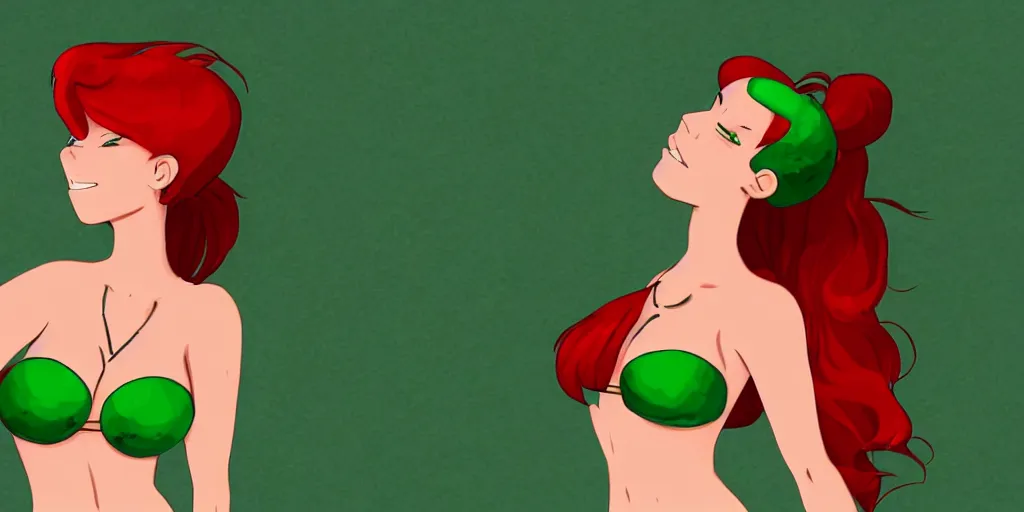 Image similar to very beautiful girl, with red hair, in the style 2d, in a green bikini, hair in a bun