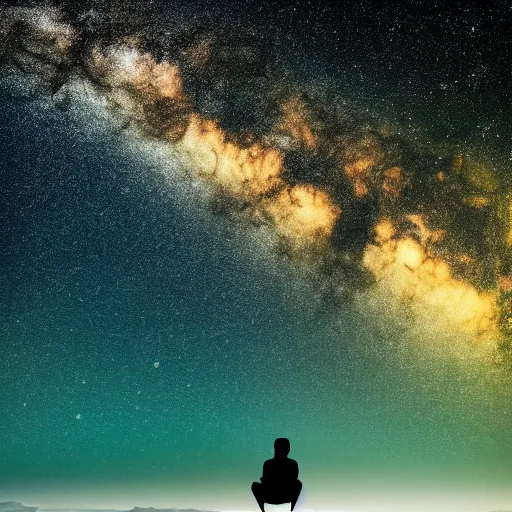 Image similar to 4K ultra HD detailed award-winning wallpaper of silhouette of man sitting on top of mountain cliff looking at huge vast sky storm Milky way