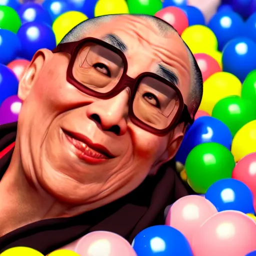 Prompt: a photo of 8k ultra realistic Dalai Lama in a ball pit, face enhance, cinematic lighting, trending on artstation, 4k, hyperrealistic, focused, extreme details, unreal engine 5, cinematic, masterpiece