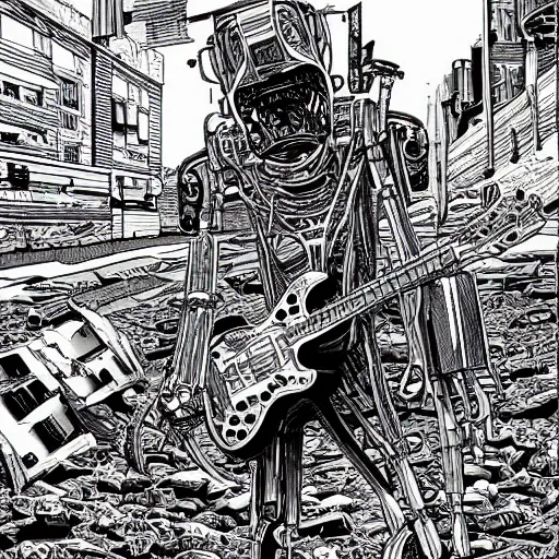 Prompt: illustration of a death robot playing guitar in a ruined street by kilian eng, katsuhiro otomo and jean giraud moebius, biomechanical