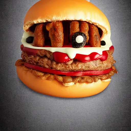 Image similar to a humanoid bipedal upright zombie that strongly resembles a hamburger, professional food photography