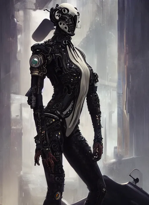 Image similar to a cyborg with mask, black leather garment with art nouveau ivory accessories, cyberpunk, darksynth, luxury, concept art by jama jurabaev, extremely detailed, ominous, ethereal, artstation, andree wallin, edvige faini, balaskas, alphonse mucha