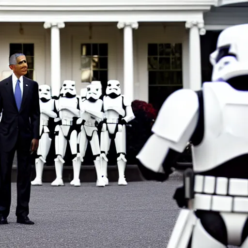 Image similar to Obama infront of an leading Army of Stormtrooper attacking the White house, Obama has a red lightsaber in his right hand, high field of view, focus is on Obama and the Stormtrooper behind him, 40nm lens, shallow depth of field, split lighting, 4k,