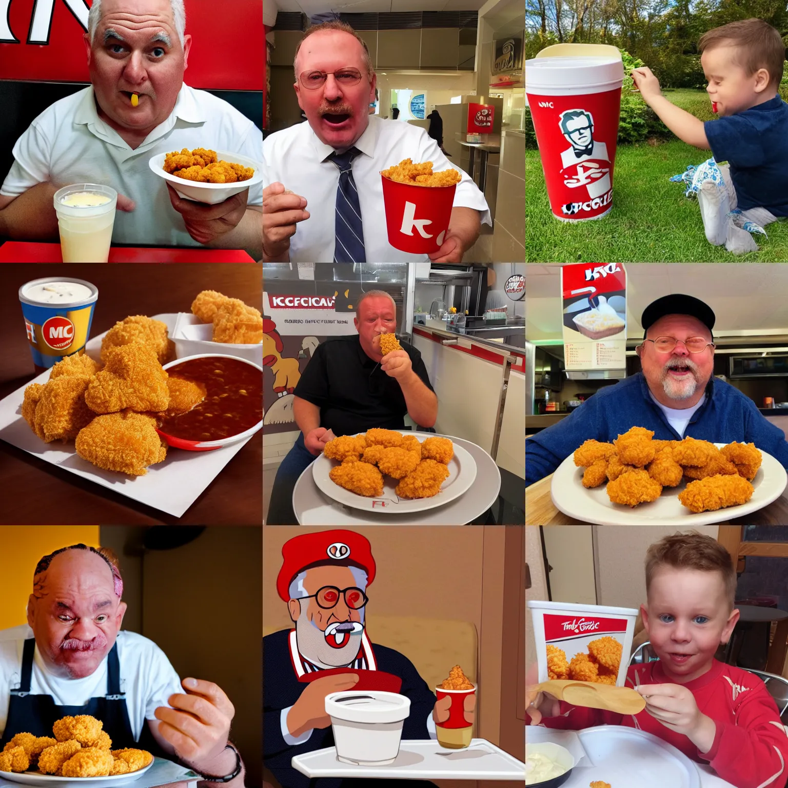 Prompt: uncle mcdonald eating kfc nuggets