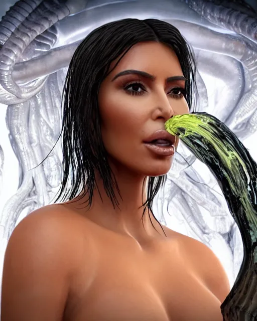 Prompt: film still of kim kardashian being licked by an xenomorph slathered in a transparent alien liquid, wet flowing hair, gooey skin, illustration, unreal engine 5, 8 k, directed by h. r. giger.