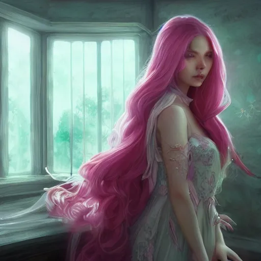 Prompt: fae princess with long flowy pink hair, shimmery skin, detailed background, moonlight streaming through window, cinematic lighting, highly detailed, digital painting, trending on artstation, pixiv, concept art, sharp focus, illustration, art by ross tran and wlop