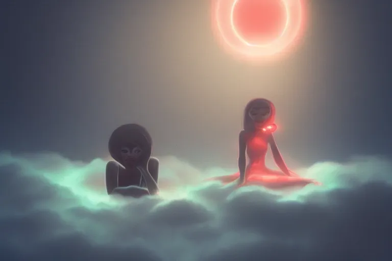 Image similar to a cute alien girl sitting on a cloud relaxing, misty, glows, digital art, hazy, foggy, red lighting, ambient lighting, 8 k,