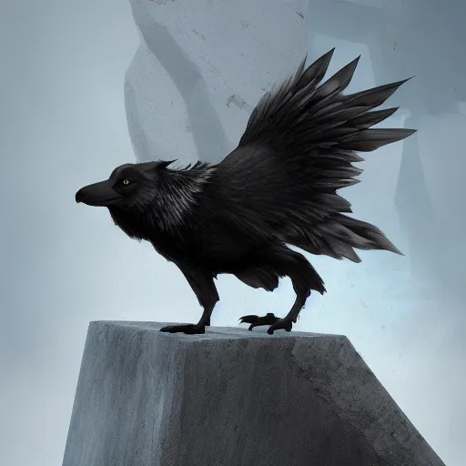 Image similar to A wolf with the wings and beak of a crow perched on top of a stone obelisk, trending on artstation., hyperdetailed, artstation, cgsociety, 8k