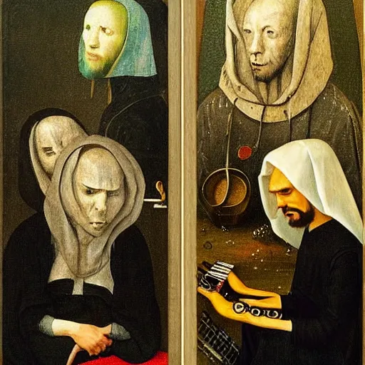 Image similar to three electronic musicians painted in the style of Hieronymus Bosch