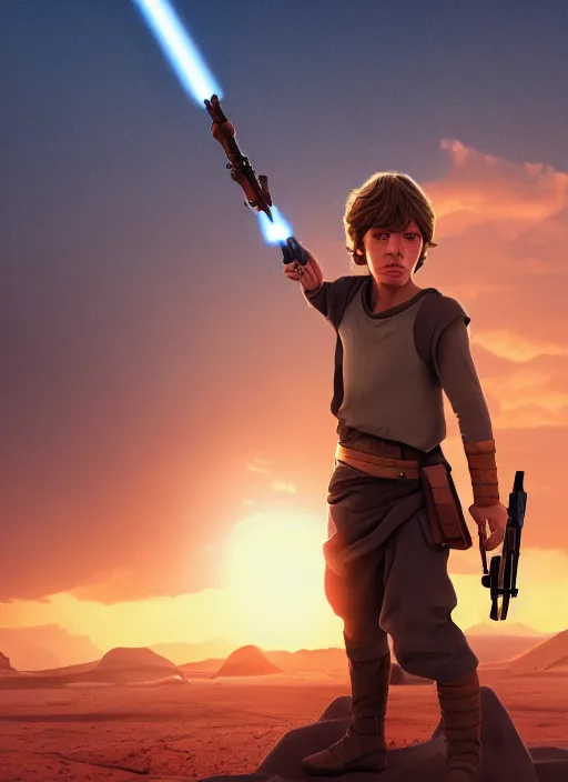 Prompt: young luke skywalker in a heroic action pose against a tatooine sunset, close up, dramatic lighting, octane render, digital art