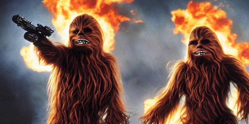 Image similar to chewbacca original trilogy photo real 1 9 7 7, 1 9 8 0, 1 9 8 3 portrait, motion blur, robotic arm, mcu style, explosions, fire, real life, spotted, ultra realistic face, accurate hands, 4 k, movie still, uhd, sharp, detailed, cinematic, render, modern