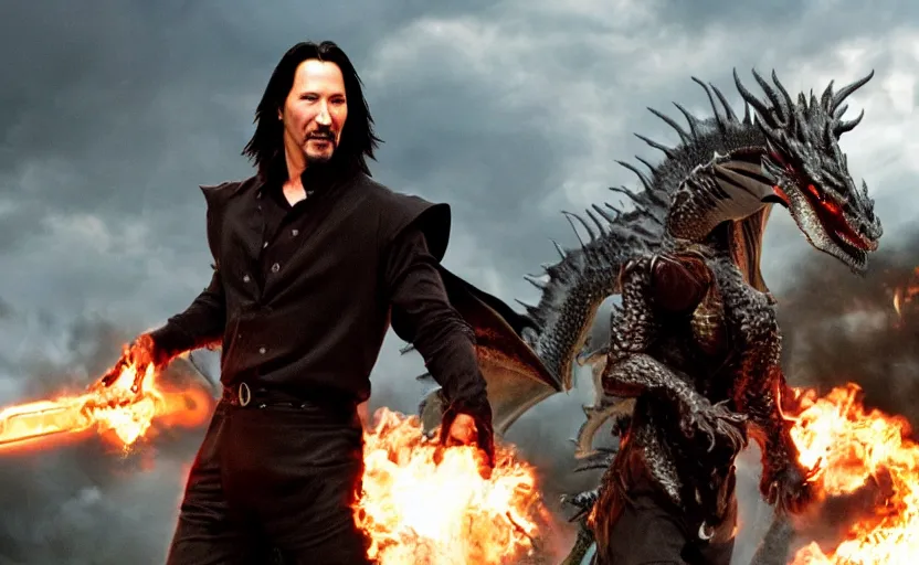 Image similar to wizard keanu reeves fighting a dragon on a fantasy battlefield