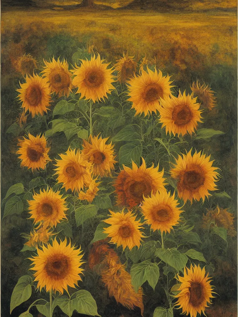 Image similar to featureless colorful sunflowers, rippling, minimalist environment, by esao andrews and maria sibylla merian eugene delacroix, gustave dore, thomas moran, pop art, art by charles burns