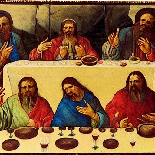 Image similar to a World War II Russian Soviet propaganda poster showing The Last Supper by Leonardo da Vinci