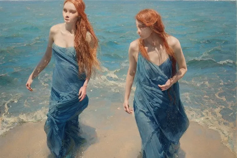 Prompt: 2 women walking in the sea, long hair, wearing classical dresses with bare shoulders, sunny day, erik van elven, jeremy lipking