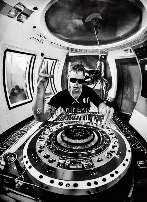 Prompt: a analogue photo of a tribal dj entertaining a crowd on a spaceship, planet earth seen in porthole window, wide angle, photography by Martha Cooper