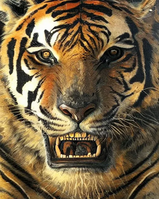 Image similar to realistic detailed skeleton of a tiger, cracked stained body full of marks, made by Karol Bak and Bernini. Rich colors. Masterpiece