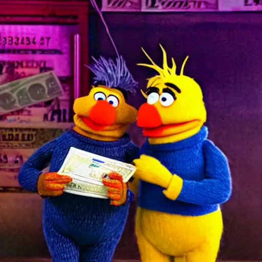 Image similar to Bert and Ernie spending dollar bills at the stripclub