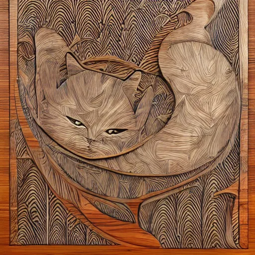 Image similar to kashmire motif of cats dissolving, made of wood, by moebius