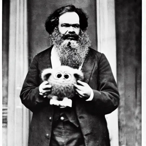 Prompt: old photograph of Karl Marx holding a furby, HD, Detailed