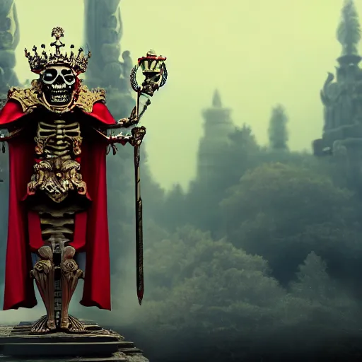 Prompt: skeleton king in a temple, standing by a throne. Thick red robes, shinning jeweled crown. Mighty, 4k, artstation, high detail, octane, wide angle shot from below