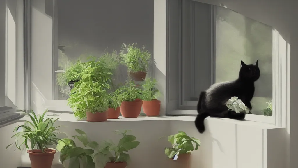 Prompt: beautiful peaceful dreamy painting of a content black cat sitting by a window and looking outside, sunshine coming through the window, small plants on the window sill, 8k, hyper realism, trending on artstation, octane render