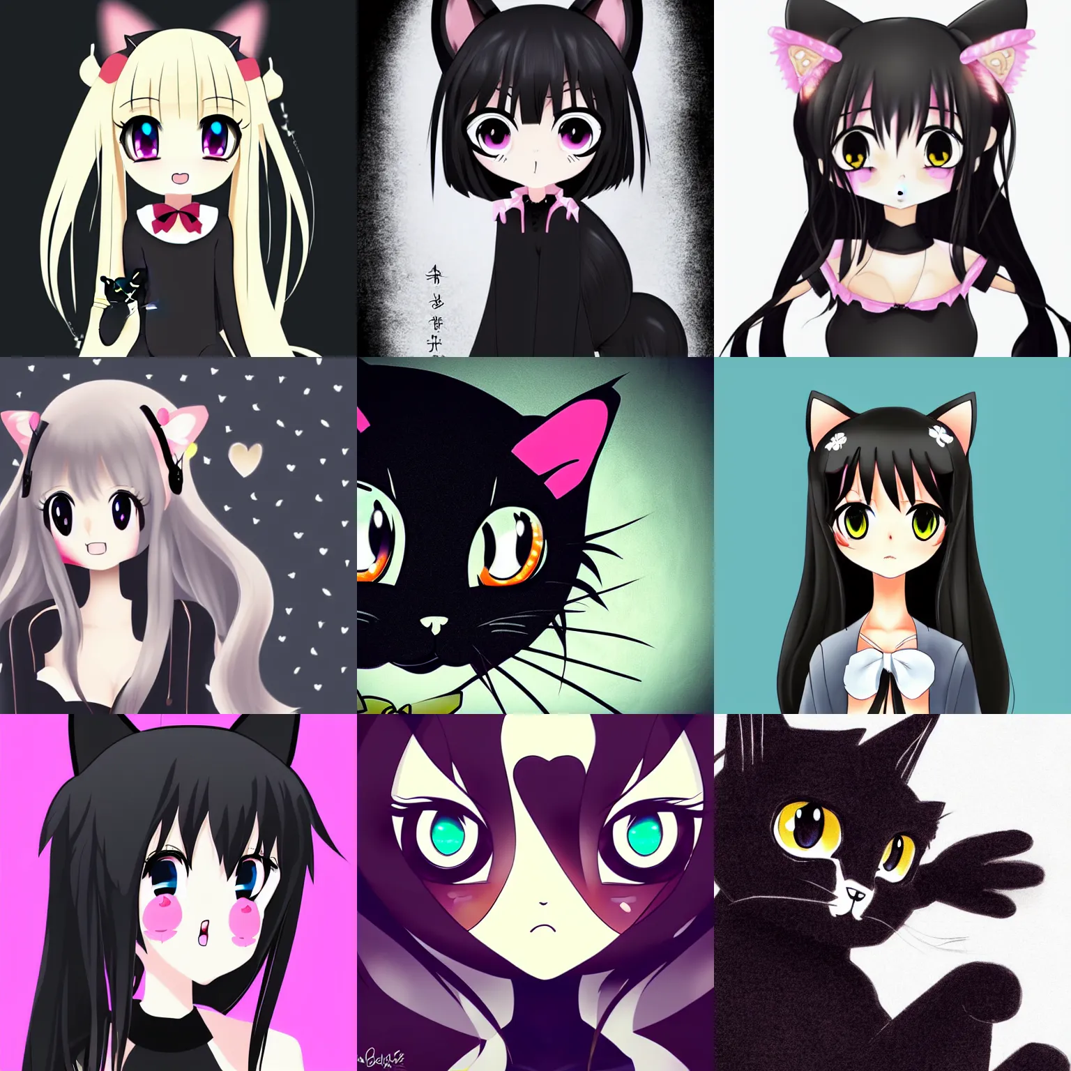 Prompt: cute, female, anime style, a salem black cat girl, beautiful lighting, large eyes, sharp focus, simple background, creative