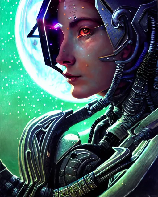 Prompt: a fed up cyber astro goddess like from skyrim and elden ring and grand theft auto and overwatch, character portrait, portrait, close up, concept art, intricate details, extremely detailed, realistic vintage sci - fi poster, in the style of chris foss, rodger dean, moebius, michael whelan, lumi, and gustave dore, bright deep color, wide angle,