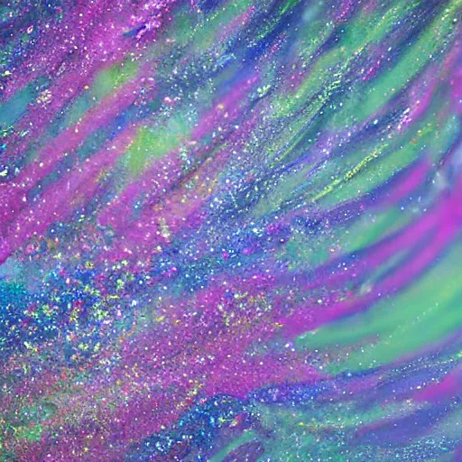 Image similar to glitter and painting mixing underwater turbulence, macro-photography, slow-motion capture