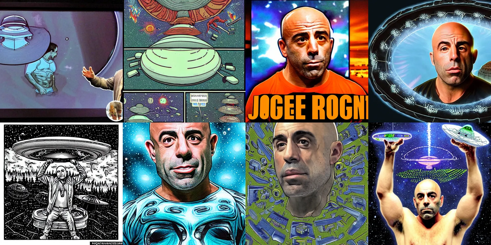 Prompt: Joe Rogan on a UFO with aliens. Very detailed. Realistic.