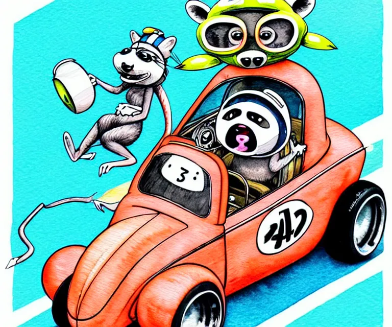 Image similar to cute and funny, racoon wearing racing helmet riding in a tiny hot rod coupe with oversized engine, ratfink style by ed roth, centered award winning watercolor pen illustration, isometric illustration by chihiro iwasaki, edited by range murata