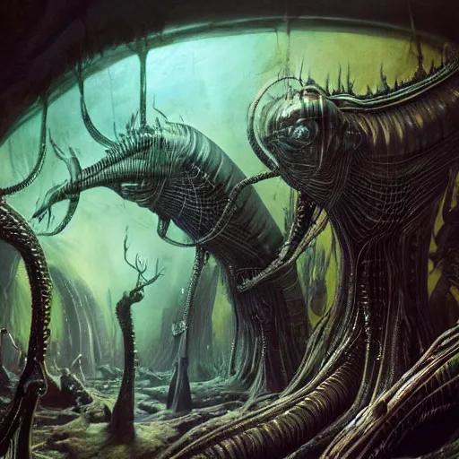 Prompt: painting of aliens hybrids, in a beautiful crystal caverine, by giger, jim burns, frank frazette, cold hue's, amazing colorful background, digital art, concept art, animal painting, beautiful composition 3 - d 4 k,