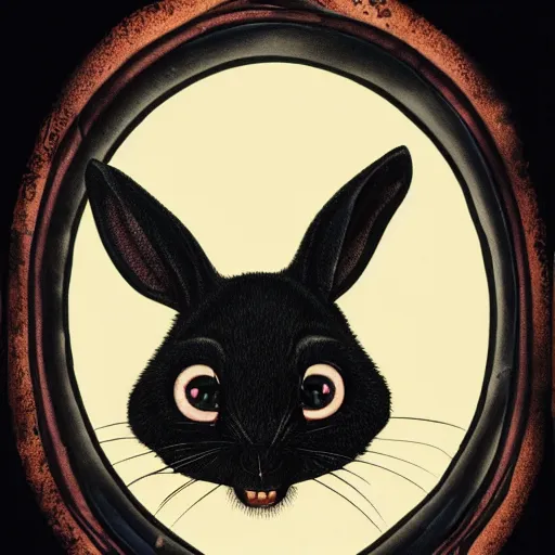 Image similar to A extremely highly detailed majestic hi-res beautiful, highly detailed head and shoulders portrait of a scary terrifying, horrifying, creepy black cartoon rabbit with scary big eyes, earing a shirt laughing, hey buddy, let's be friends, in the art style of Walt Disney