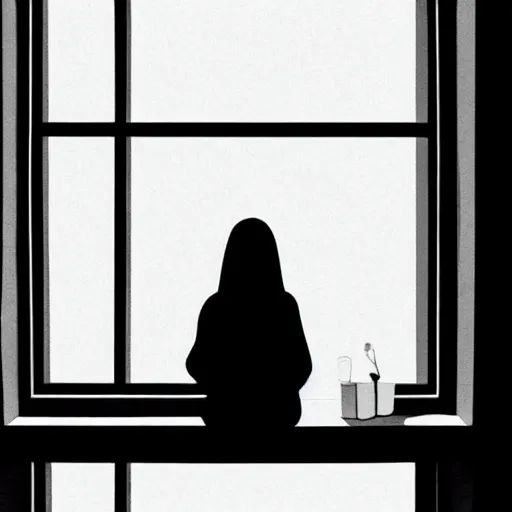 Prompt: a woman sitting on a window sill looking out the window, hands holding her face, grey sweater, a stock photo by chen jiru, tumblr, aestheticism, movie still, pretty, pixiv